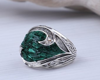 Raw malachite leaf ring sterling silver, Green stone ring for women,  nature ring gemstone, green lovers gift made in Armenia