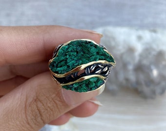 Raw malachite ring sterling silver and 24 K gold plated  Druzy gemstone green stone ring for women nature inspired jewelry