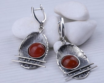 Large Carnelian earrings abstract geometric dangle sterling silver, round stone carnelian orange gemstone earrings for women