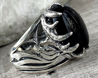 Deer ring solid silver 925 black obsidian ring antler ring animal lover gift asexual ring male and female ring unisex made in Armenia