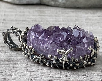 Purple necklace and bracelet with natural stones amethyst and quartz Necklace with a large stone as a gift for her Bracelet massive