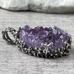 Big pendant raw amethyst necklace for women large branch pendant Sterling silver 925 druzy amethyst purple gemstone pendant made in Armenia