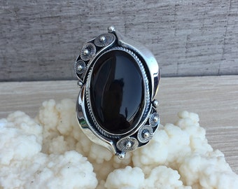 8mm Round Black Onyx Ring Solid 925 Sterling Silver Antique Vintage Style Ball Bead Band Crown Prongs