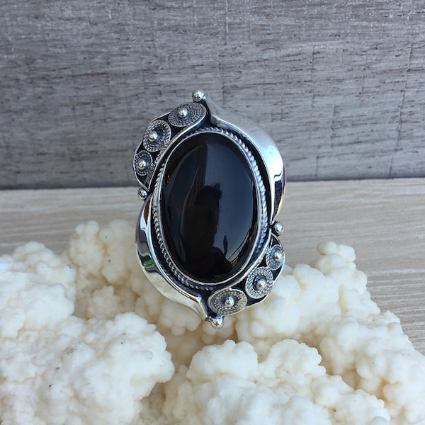 Schwarze Onyx Ring Sterling Silber für Frauen, schwarze ovale Steinring, filigrane Ring, verstellbare Ringe Silber Vintage Ring armenischer handgemachter Ring