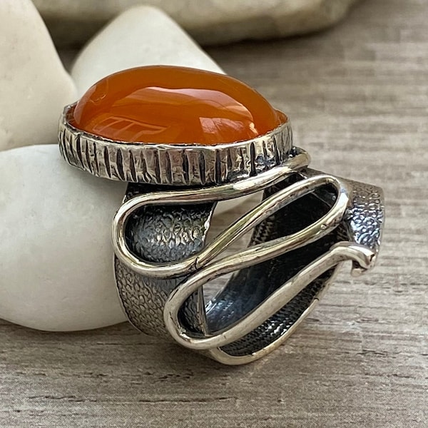Carnelian ring sterling silver for women, wide band ring, gemstone textured ring, asymmetrical ring  irregular orange stone ring
