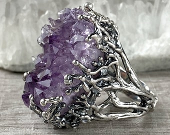 Huge Druzy amethyst ring Sterling silver Purple raw stone rings for women, Amethyst crystal ring, made in Armenia