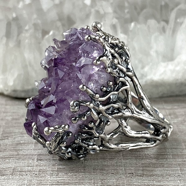 Huge Druzy amethyst ring Sterling silver Purple raw stone rings for women, Amethyst crystal ring, made in Armenia