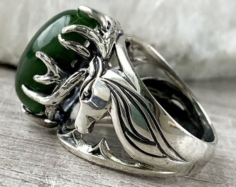 Deer antler ring in sterling silver Green gemstone jade ring unisex deer ring Signet ring women promise ring for him made in Armenia