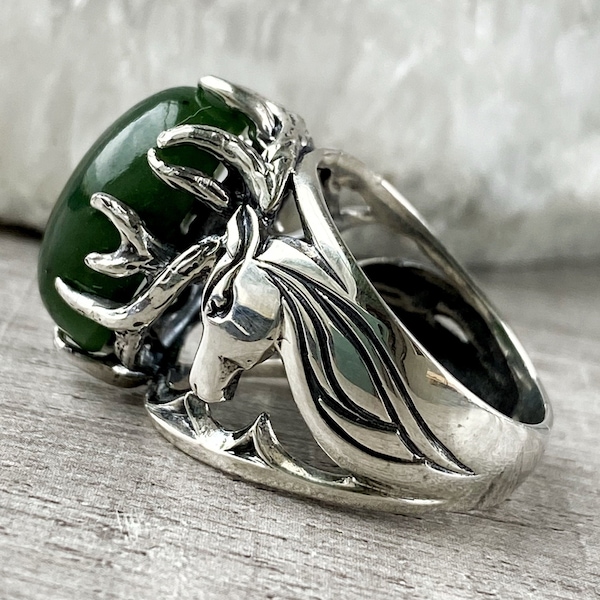 Deer antler ring in sterling silver Green gemstone jade ring unisex deer ring Signet ring women promise ring for him made in Armenia