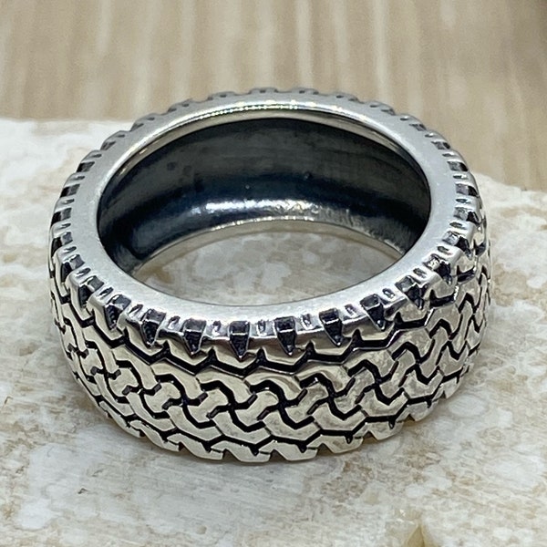 Tire tread ring in solid silver 925 for unisex tire wedding band, car wheel band tough ring biker thumb ring  car lover gift made in Armenia