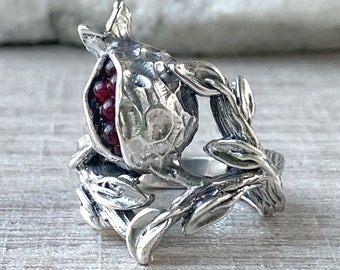 Armenian pomegranate ring Persephone ring Sterling silver Garnet pomegranate stone ring, Red garnet ring, Armenian jewelry gift