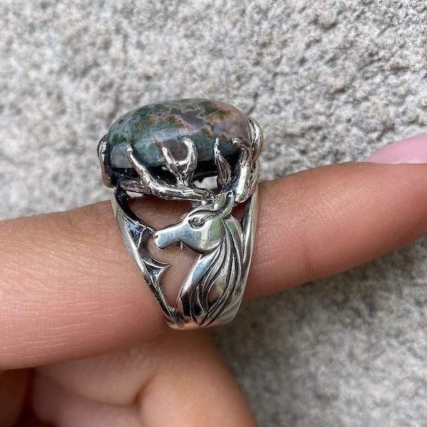 Deer gemstone ring for unisex, Moss agate ring sterling silver, Male and female Deer antler ring, animal lover gift  made in Armenia