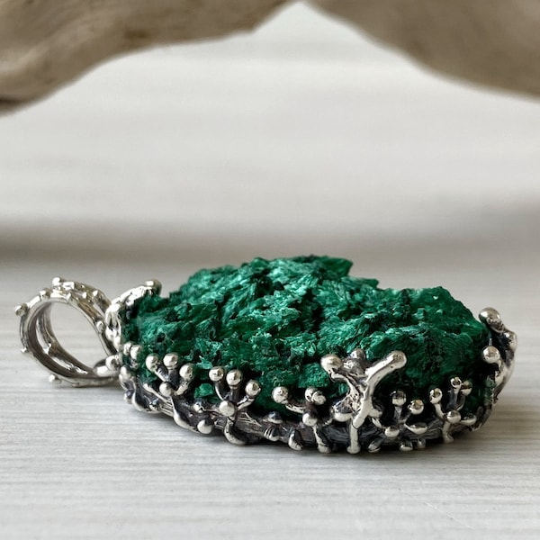 Branch pendant Raw malachite pendant necklace sterling silver, twig necklace, green gemstone pendant for women, Green stone malachite