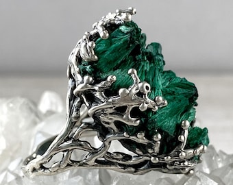 Big branch ring, Raw malachite ring sterling silver, large crystal ring, Green druzy ring, Twig ring for women,  made in Armenia