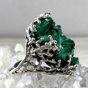 Big branch ring, Raw malachite ring sterling silver, large crystal ring, Green druzy ring, Twig ring for women,  made in Armenia