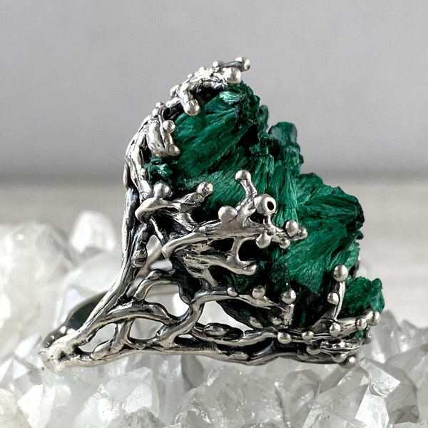 Bague grosse branche, bague malachite brute en argent sterling, grande bague en cristal, bague druzy verte, bague brindille pour femme, fabriquée en Arménie