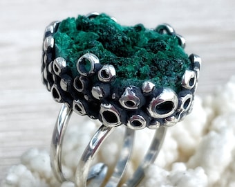 RohMalachit Ring verstellbar Sterling Silber grün Edelstein Ring Boho für Frauen druzy Kristall Ring große Blase Ring made in Armenia