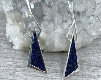 Geometric earrings dangle with crystals blue DRUZY azurite earrings silver 925 for girls unusual gift made in Armenia