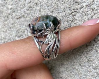 Deer gemstone ring for unisex, Moss agate ring sterling silver, Male and female Deer antler ring, animal lover gift  made in Armenia