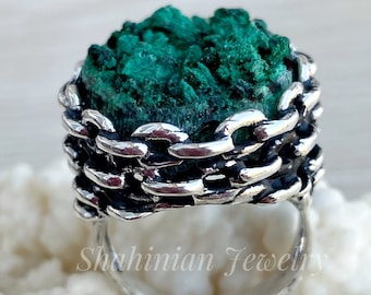 Armenian jewelry sterling silver ring with natural raw malachite crystal Green malachite ring stone druzy gemstone ring for women