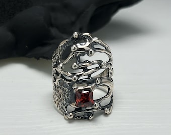 Wide Band Red Cubic Zirconia Ring for Women, Rustic Gemstone Ring, Artisan Jewelry Handmade in Armenia