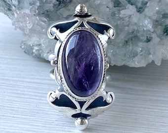 Big amethyst ring sterling silver, natural purple stone ring for women, large ring silver, unusual ring, purple gemstone adjustable ring