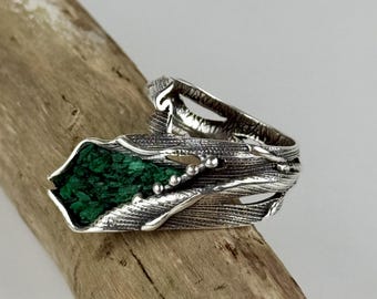 Adjustable Raw malachite ring, green stone ring raw gem statement ring sterling silver, nature inspired ring
