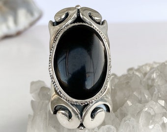 Large obsidian ring sterling silver, black gemstone ring goth ring Black crystal ring made in Armenia gifts for women