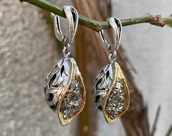 Pyrite gold plated earrings, raw pyrite crystal earrings  sterling silver,  Druzy pyrite stone earrings made in Armenia