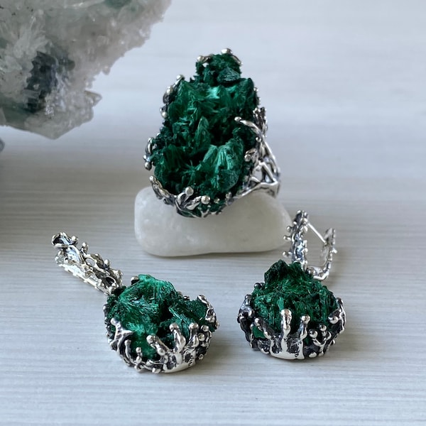 Tree branch jewelry set, Sterling silver green malachite jewelry, twig ring, raw malachite earrings, druzy green stone jewelry for women