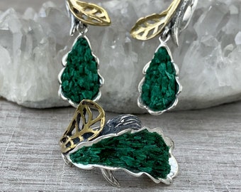 Raw malachite ring Sterling silver 925 and 14K gold, green Druzy ring, Leaf ring women, Large crystal ring made in Armenia