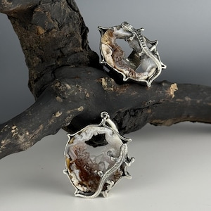 Anillo de lagarto de ágata natural, joyería llamativa hecha a mano en plata de ley.