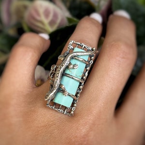 Big Rectangle Turquoise Ring, Lizard ring silver 925, mesh band animal lover gift