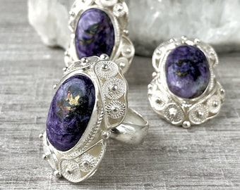 Vintage style jewelry set with natural purple charoite stone, purple gemstone ring and earrings Silver 925 filigree jewelry from Armenia