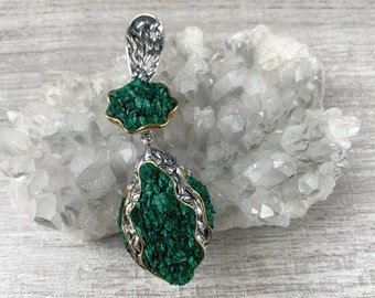 Large malachite druzy pendant silver and gold Raw crystal necklace Druzy malachite Green stone necklace for women Armenian jewelry