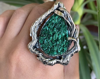 Big ring silver teardrop malachite ring adjustable sterling silver raw stone ring green gemstone malachite crystal ring  made in Armenia