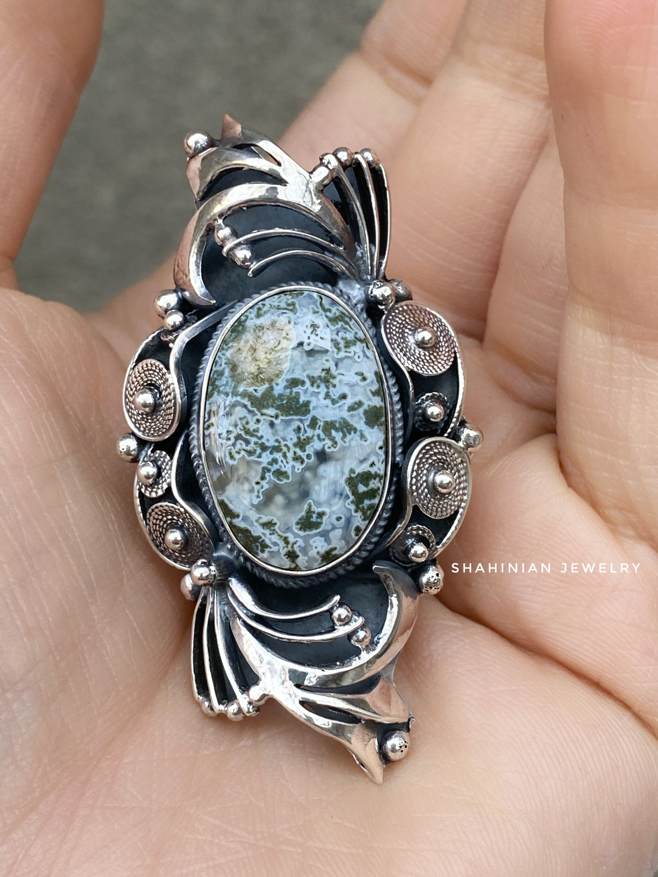 Large Moss Agate Ring Sterling Silver Adjustable Filigree | Etsy