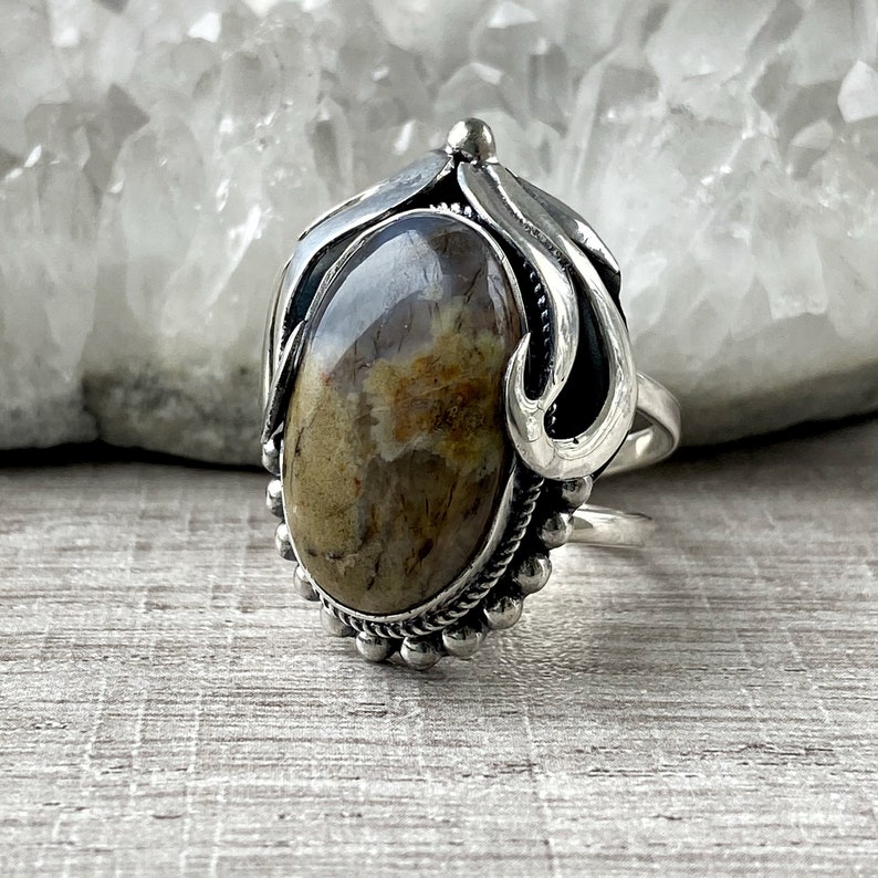 Boho Adjustable ring for women Brown moss agate ring sterling silver 925 Agate gemstone ring made in Armenia