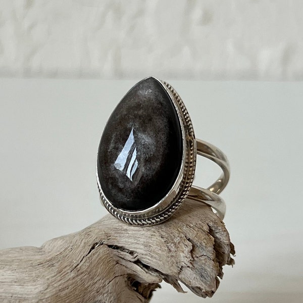 Druppelsteen ring verstelbaar, zwarte stenen ring, natuurlijke obsidiaan ring, peervormige ring voor vrouwen, sterling zilver, zwarte edelsteen ring