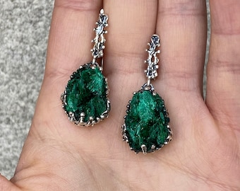 Raw malachite tree branch earrings, twig earrings sterling SILVER, green druzy earrings, green stone malachite dangle Armenia jewelry