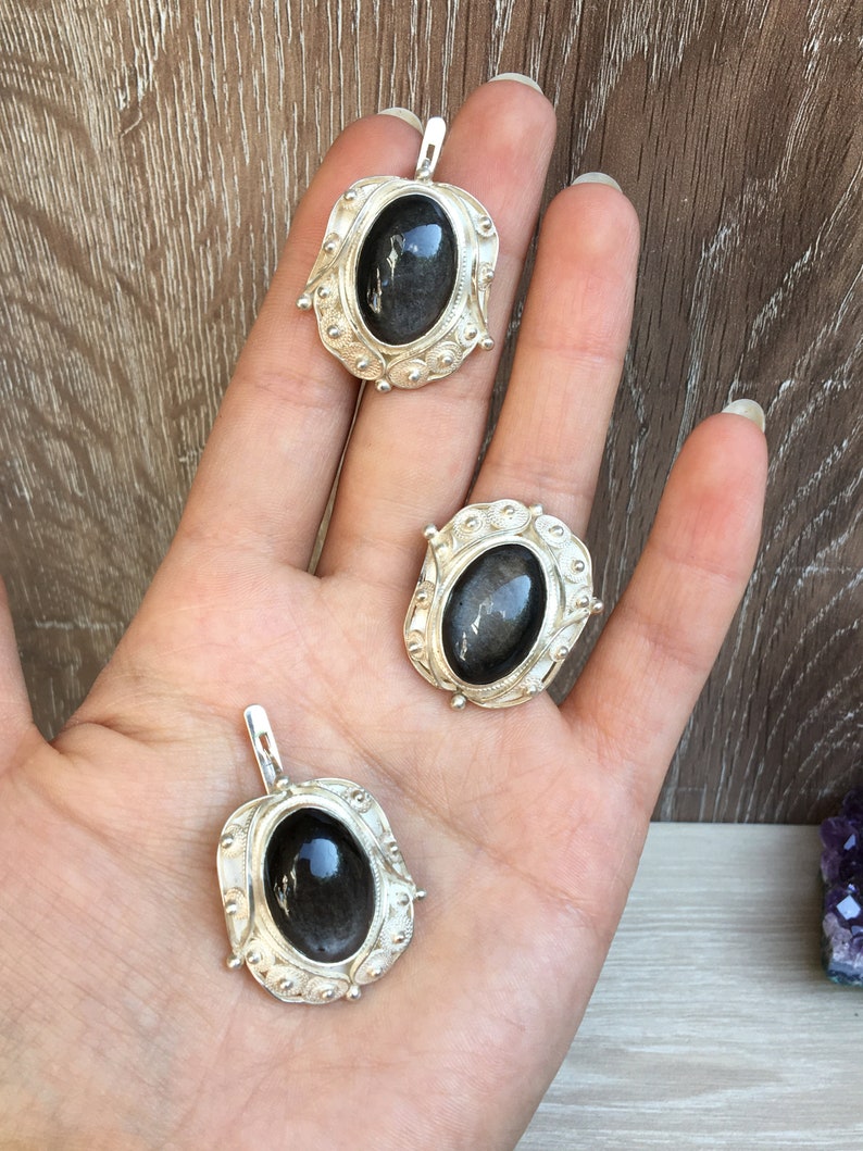 Black obsidian jewelry set silver 925 Filigree jewelry for women obsidian ring adjustable large black obsidian earrings Armenian jewelry