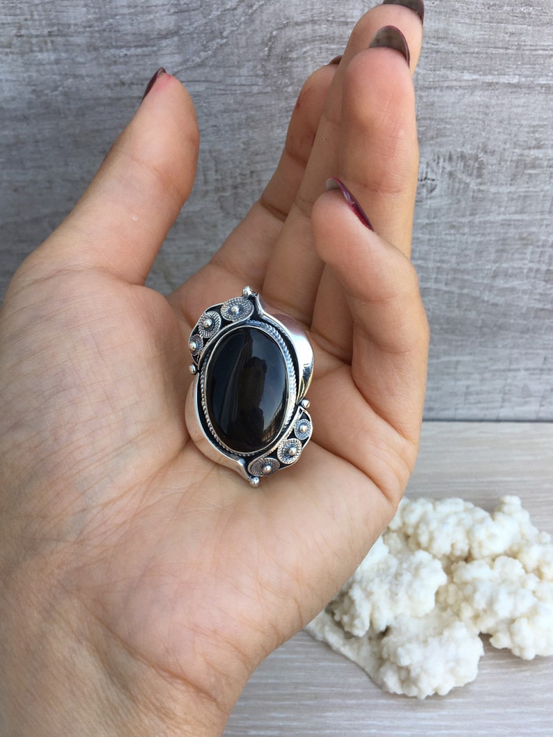 Adjustable rings silver Vintage ring Armenian handmade ring Filigree ring Black onyx ring sterling silver for women black stone oval ring