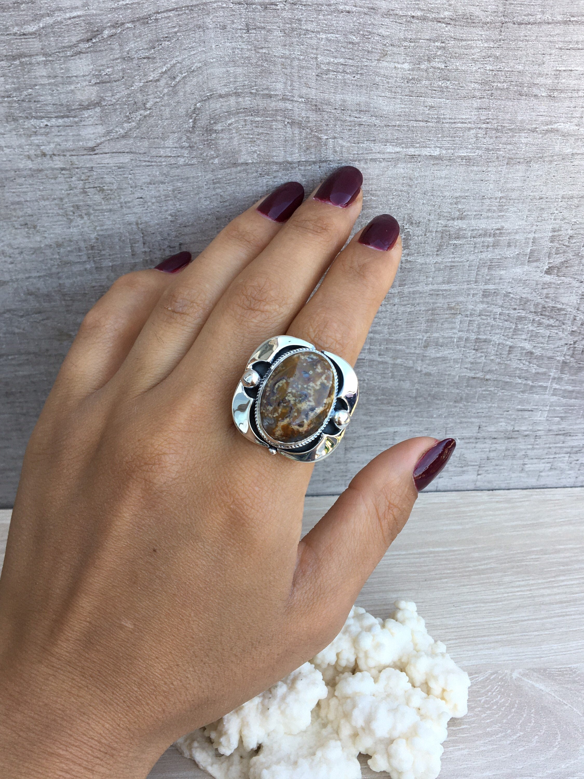 Brown moss agate ring adjustable sterling silver 925 Brown | Etsy