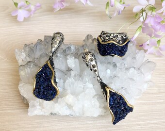 Raw azurite  silver jewelry set Sterling silver & 24 K gold plated set  dark blue stone azurite crystal, crystal ring, natural gemstone