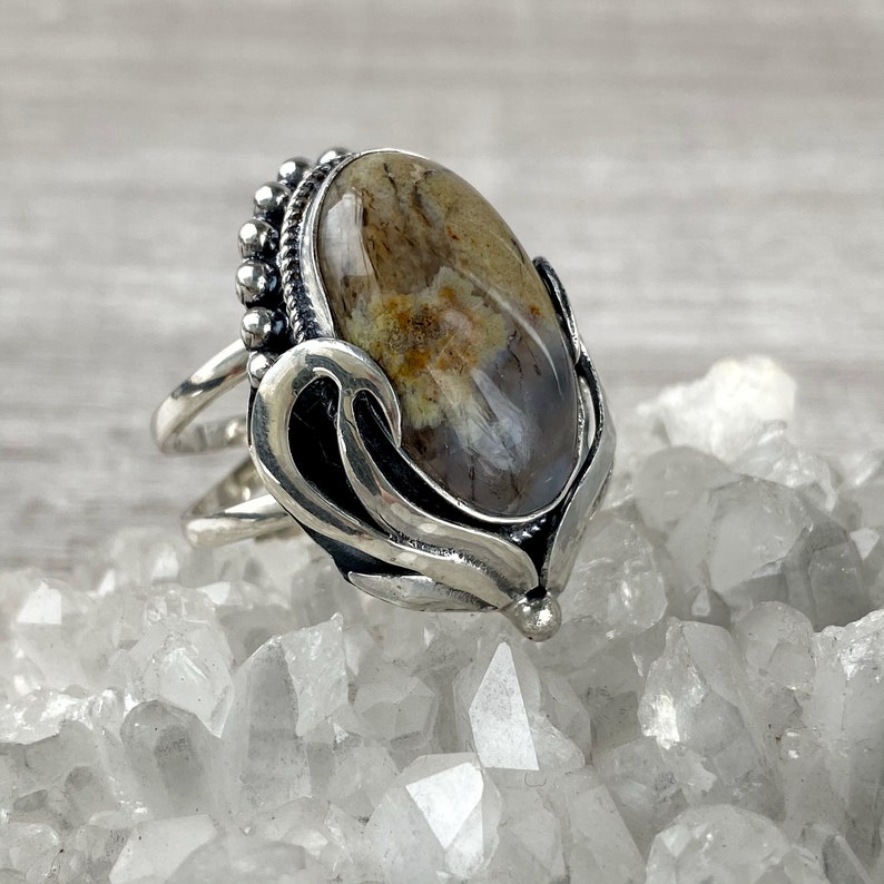 Boho Adjustable ring for women Brown moss agate ring sterling silver 925 Agate gemstone ring made in Armenia