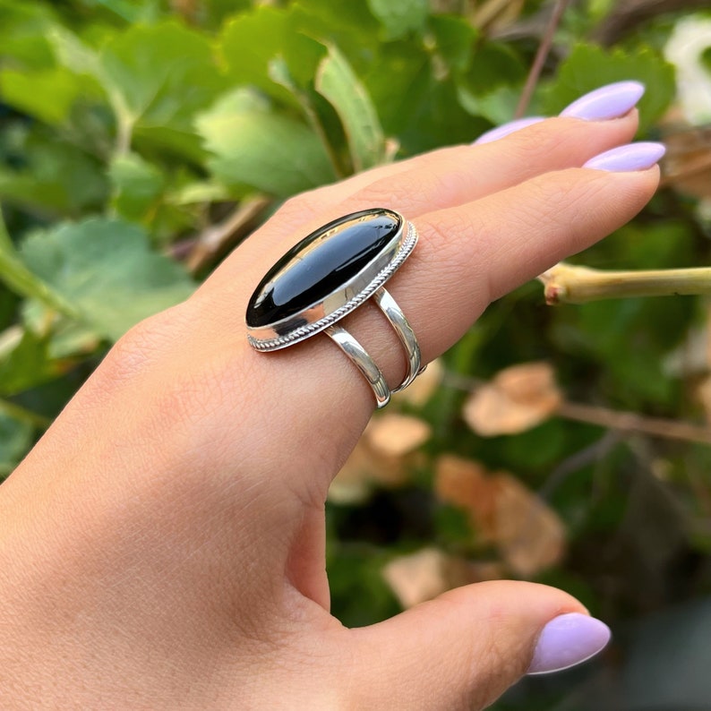 Large Black stone ring adjustable sterling silver obsidian ring for men, oval gemstone ring, black ring women, natural obsidian Armenia image 3