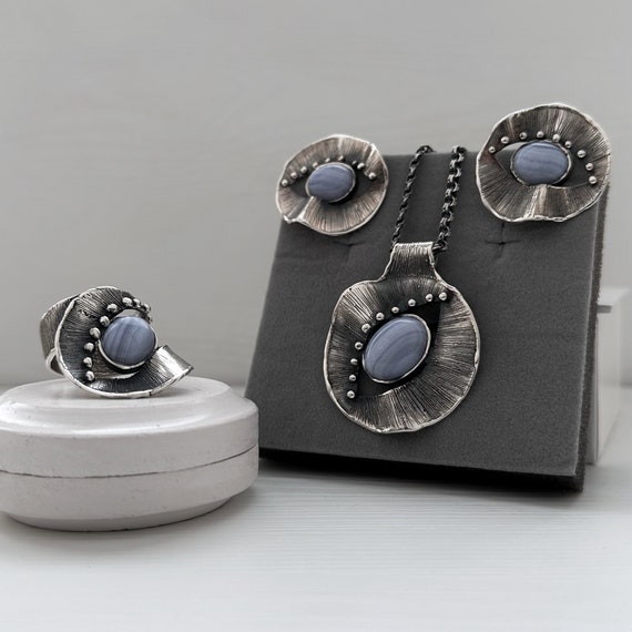 Blue lace agate jewelry set silver 925, agate stone ring, blue gemstone earrings, protection jewelry for women, artisan jewelry from Armenia