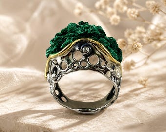 Natural raw malachite ring Sterling silver and 24K gold plated, Green stone ring for women, Raw gemstone ring crystal Made in Armenia