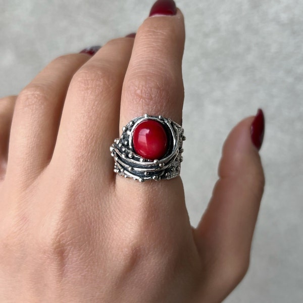 Coral ring sterling silver, red stone ring, granulation band, abstract ring for women, red crystal ring, red gemstone made in Armenia