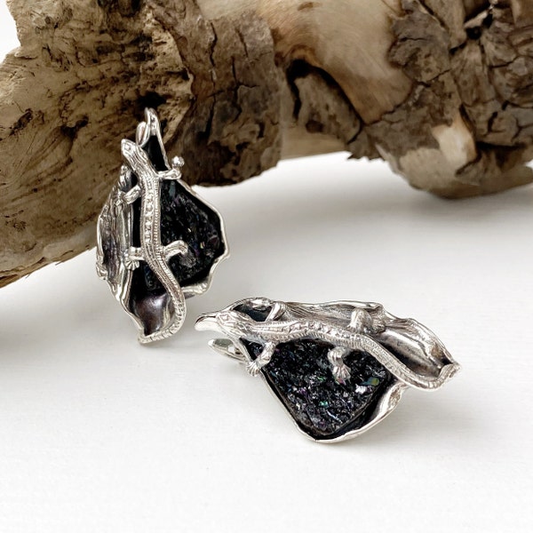 Black raw stone earrings lizard sterling silver raw carborundum earrings for women, abstract  earrings, druzy gemstone black earrings